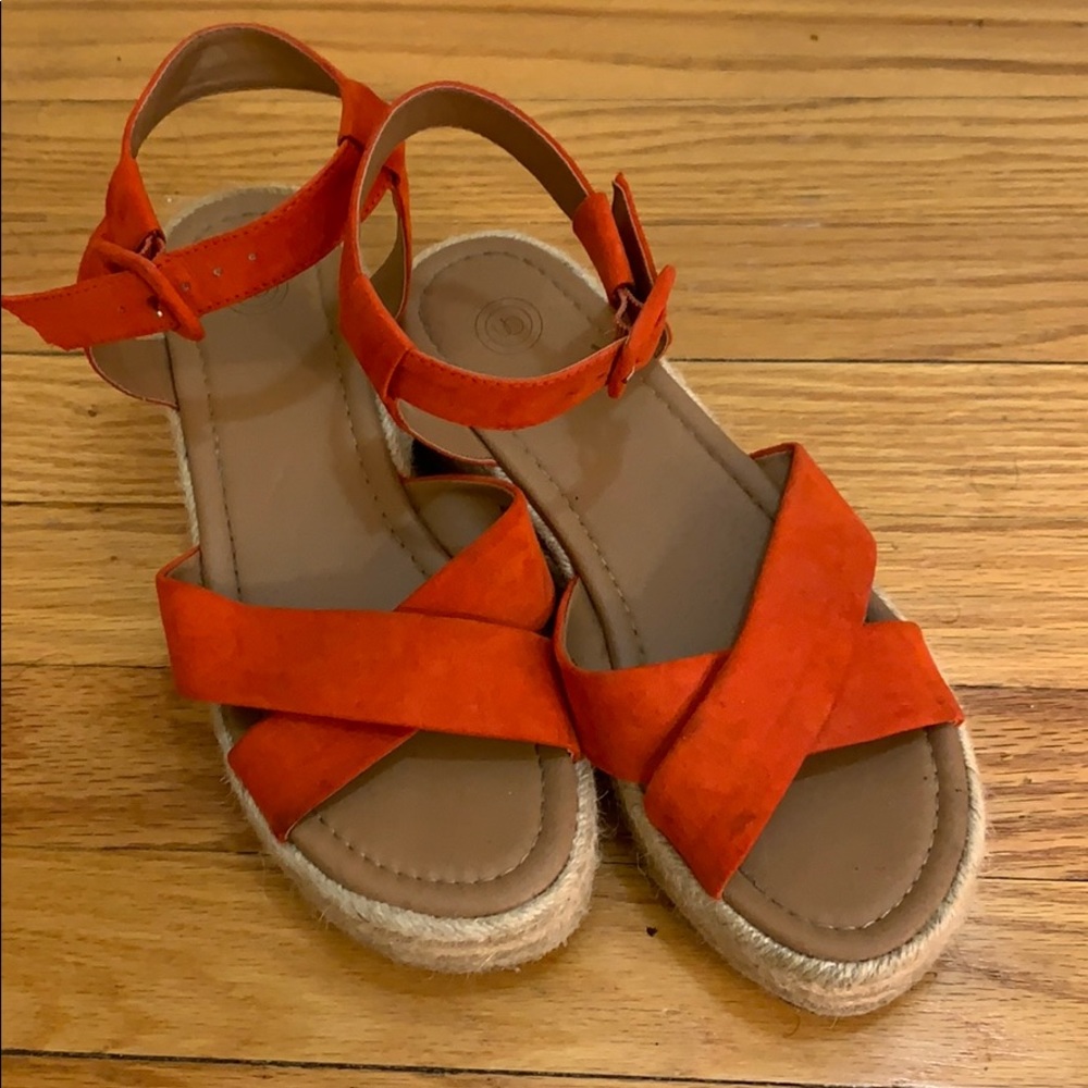 Orangeish Red Faux Suede Wedge Sandals - Size 7